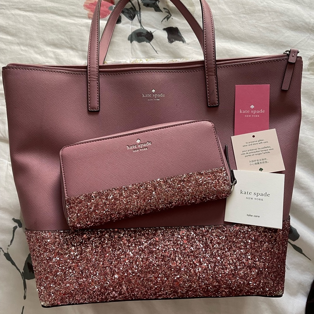 AUTHENTIC Kate Spade Penny Greta court glitter peony pink large tote & wallet